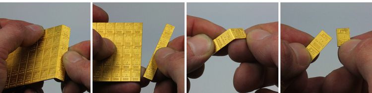 Tafelgoldbarren lassen sich leicht in 50 einzelne 1g Barren unterteilen.